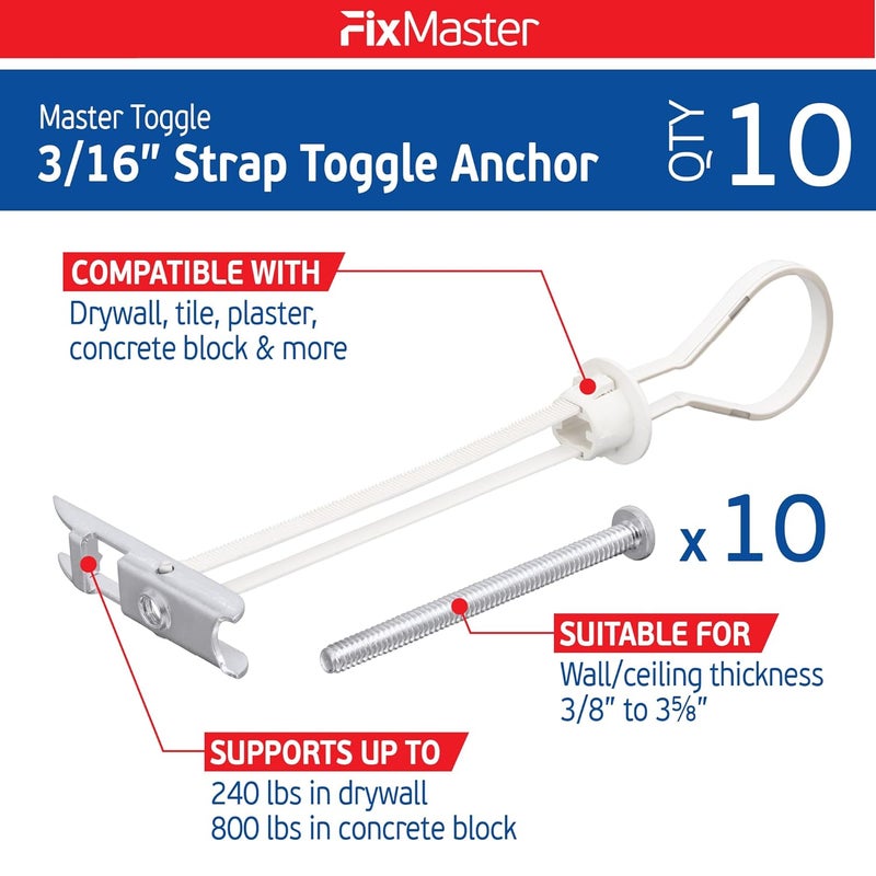 FixMaster 3/16" Heavy Duty Master Toggle-Bolt Strap Anchors (10 Pack) w/ 10 Steel Threaded Studs - 3/16"-24 UNC Fastener Size - Great for TV mounting, 240 lb Holding Strength - Image 2
